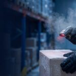 red scanner, laser, temple, package, cardboard box, logistics logistics, close-up, technology, consumers, shipping shipping, delivery, warehouse, automation, logging, identification, retail, supply chain, label, transparency, industry, digital, contractor, ai generated
