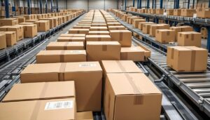 warehouse, industrial, factory, cardboard, box, distribution, storage, package, business, shipping, transportation, freight, delivery, container, cargo, manufacturing, logistic, rack, order, product, shipment, belt, stock, goods, conveyer