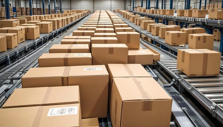 warehouse, industrial, factory, cardboard, box, distribution, storage, package, business, shipping, transportation, freight, delivery, container, cargo, manufacturing, logistic, rack, order, product, shipment, belt, stock, goods, conveyer